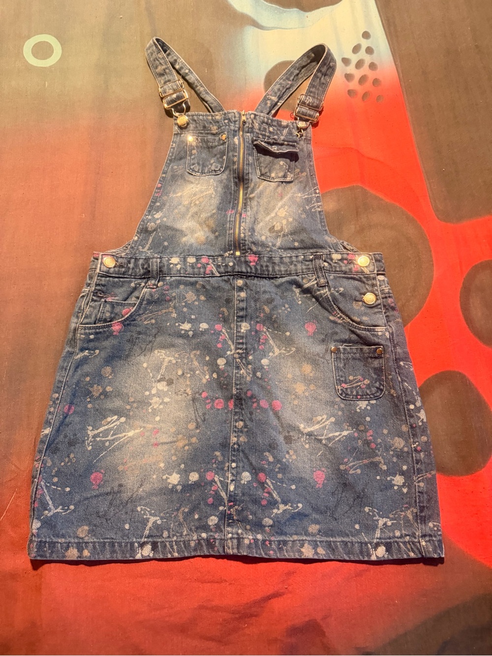 Kids Denim Overall Dress with Pink & White Paint-Splash Accents